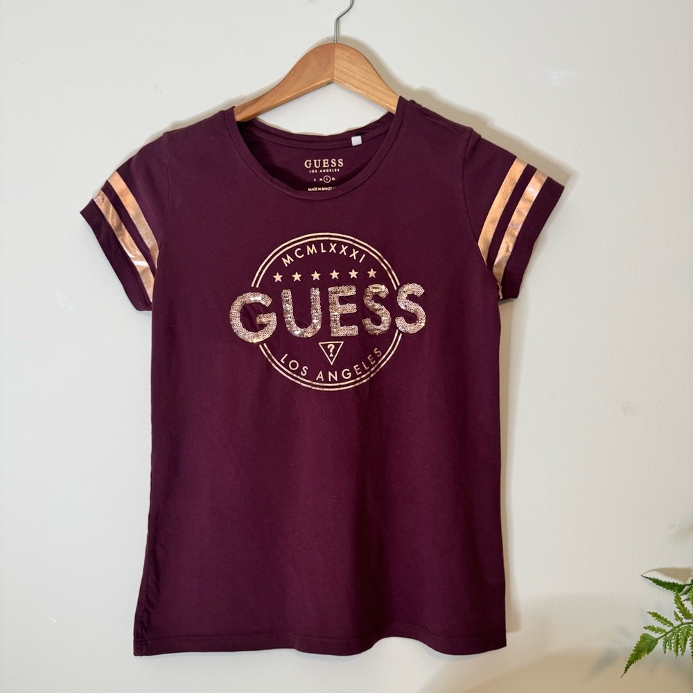 Guess Burgundy Bling Logo Tee – Size L